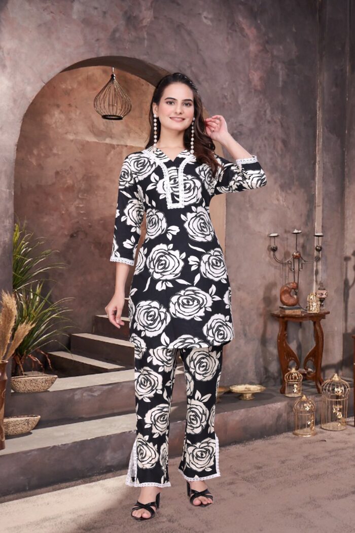 Rayon Print Co-ord Set with Shiffli Lace Work