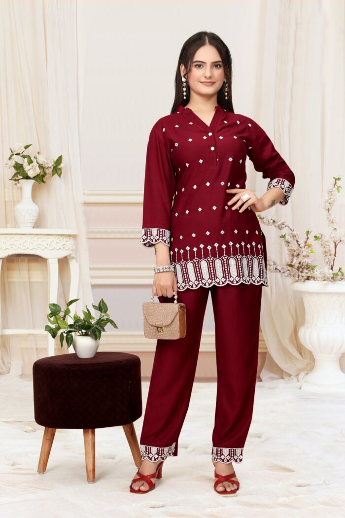 Viscose Rayon Co-ord Set with Elegant Shiffli Work