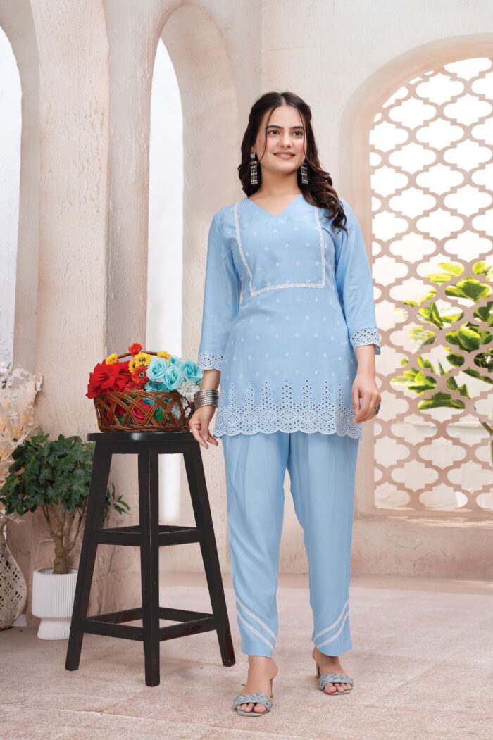 Elegant Viscose Rayon Co-ord Set – Shiffli & Lace Accents
