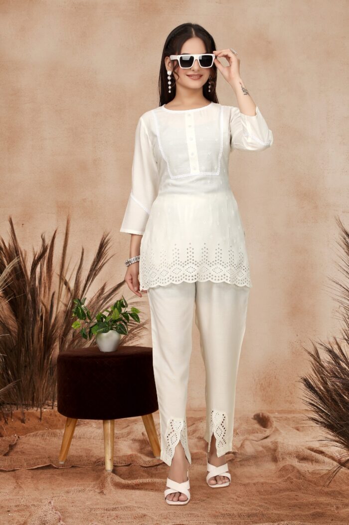 Viscose Rayon Co-ord Set with Shiffli Work & Lace