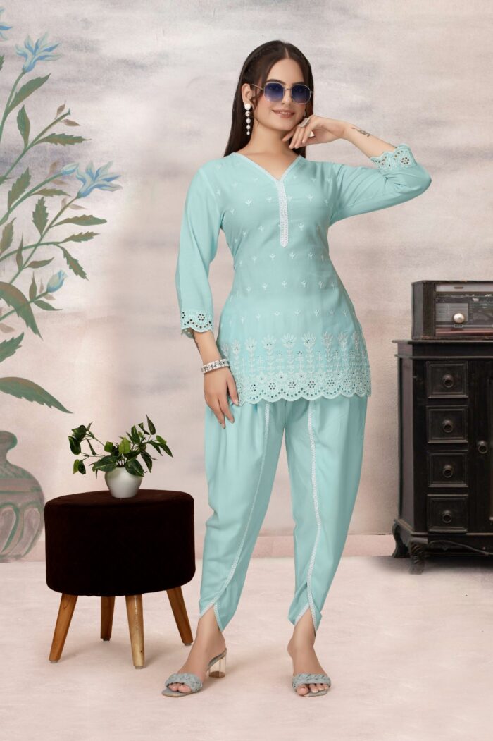 Viscose Rayon Co-ord Set with Shiffli Work & Lace Detailing