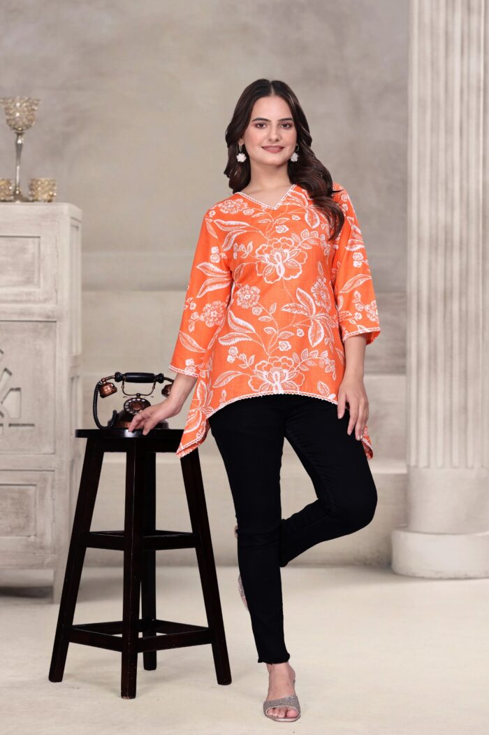 Magic Slub Mill Print Cotton Blend Top – Shiffli Lace Detail