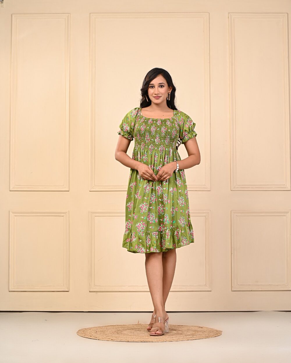 Women’s Floral Smocked Midi Dress – Magenta Green – letsstyle.in