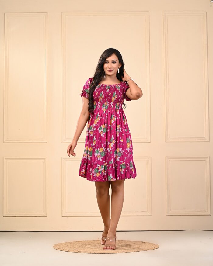Women's Floral Smocked Midi Dress – Magenta Pink