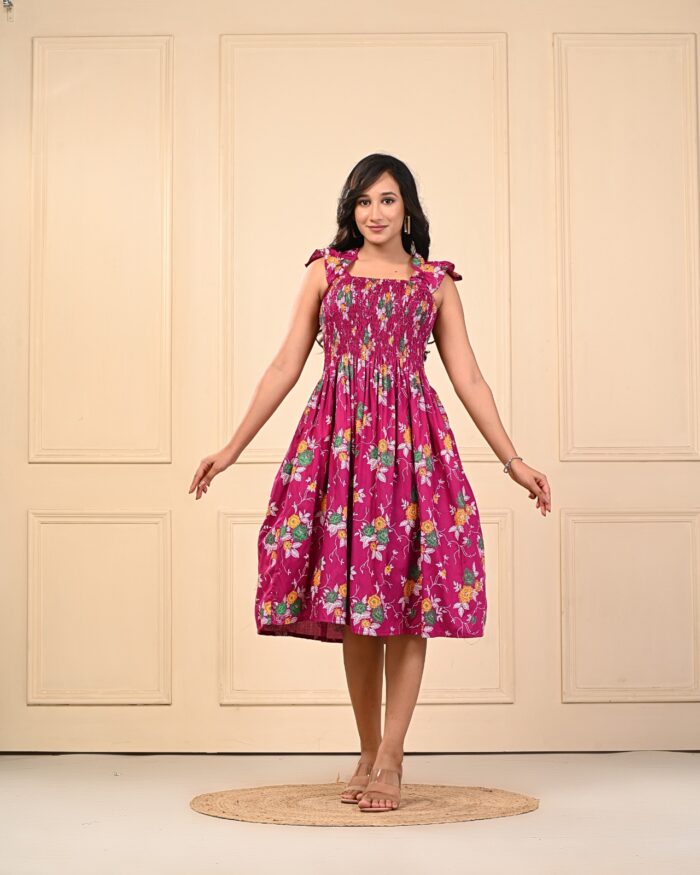 Women's Floral Smocked Midi Magenta Pink Dress