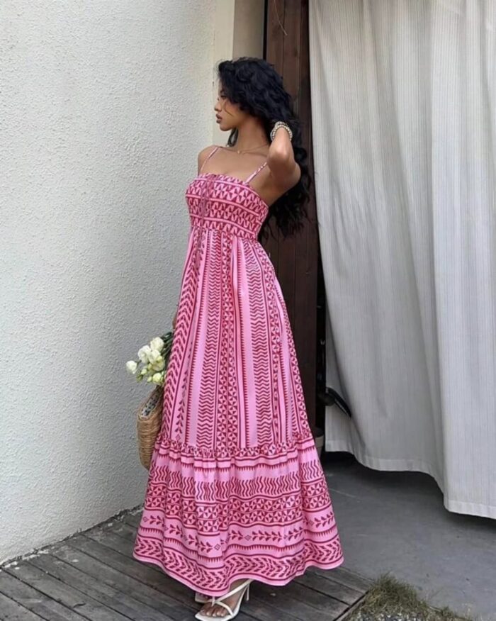 Rose Pink Ethnic Print Sleeveless Maxi Frock Dress
