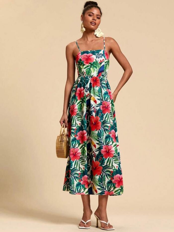 Ivory White Tropical Floral Print Sleeveless Midi Frock Dress
