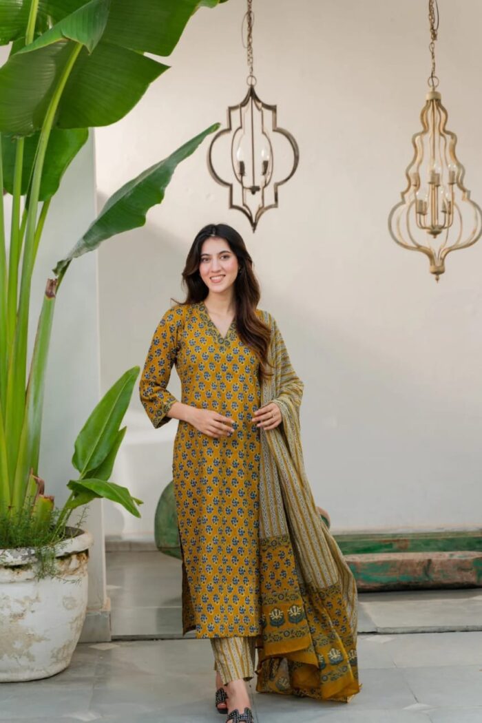 Mustard Printed Grace Rayon Kurta Bottom Dupatta Set