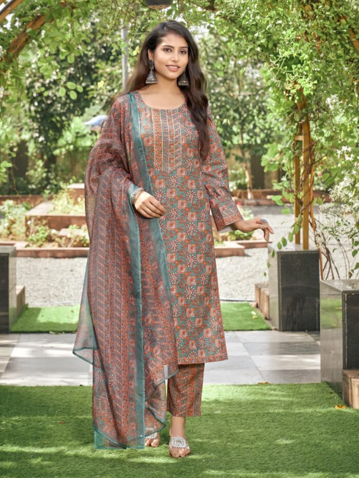 Rust Teal Grace Rayon Kurta Bottom Dupatta Set