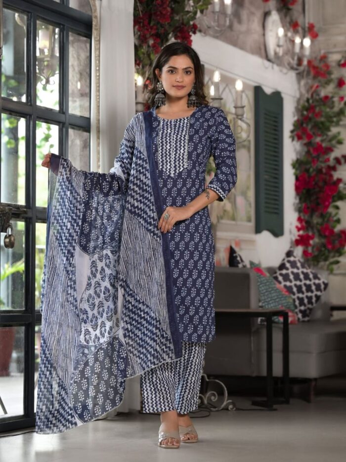 Navy Blue Grace Rayon Kurta Bottom Dupatta Set