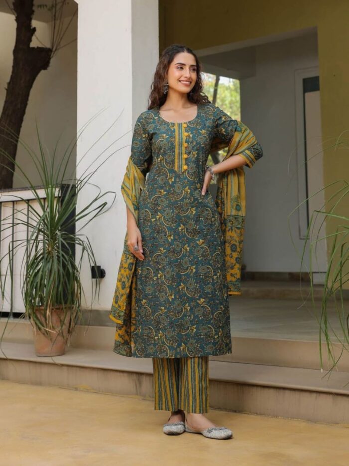 Forest Green Grace Rayon Kurta Bottom Dupatta Set