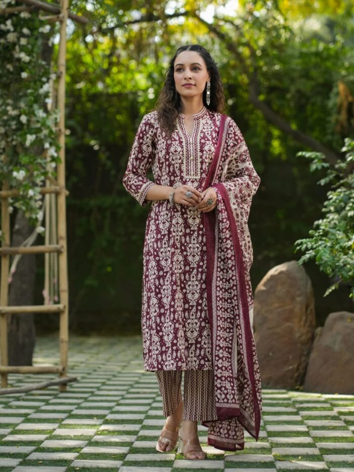 Wine Grace Rayon Kurta Bottom Dupatta Set