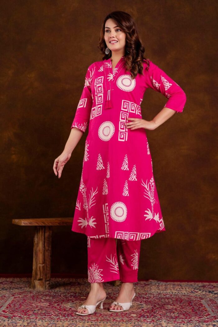 Bright Pink Ethnic Print Kurta Pant Set for Women