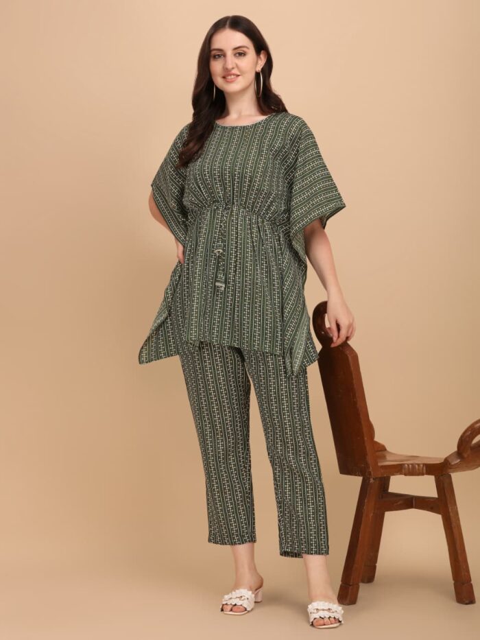 Olive Green Striped Rayon Slub Kaftan Kurta Pant Set for Women