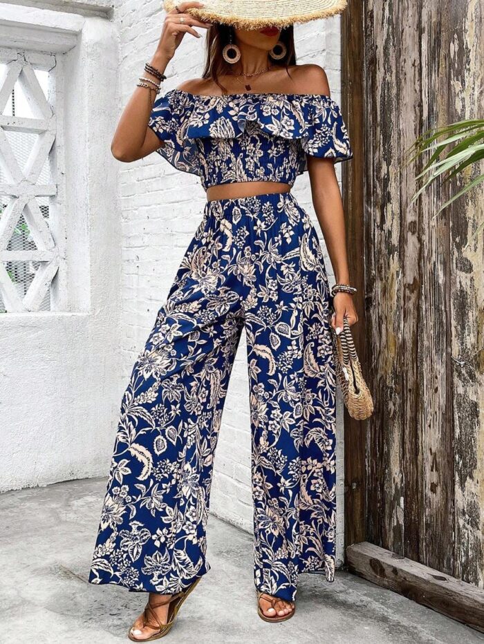Navy Blue Floral Print Off-Shoulder Crop Top & Palazzo Set for Women