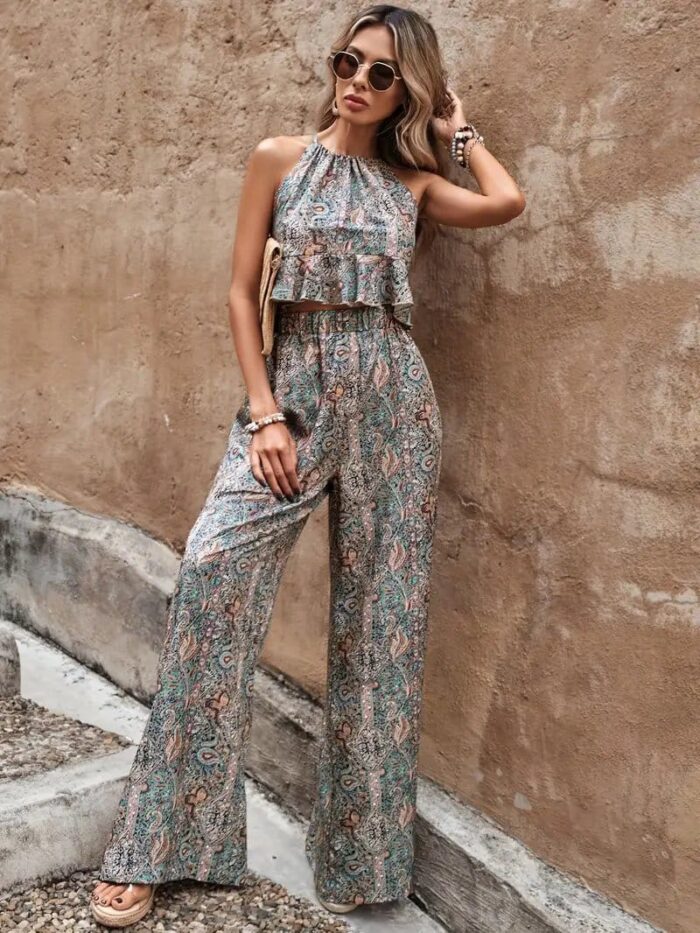 Sage Green Paisley Print Halter Neck Crop Top & Palazzo Co-Ord Set for Women