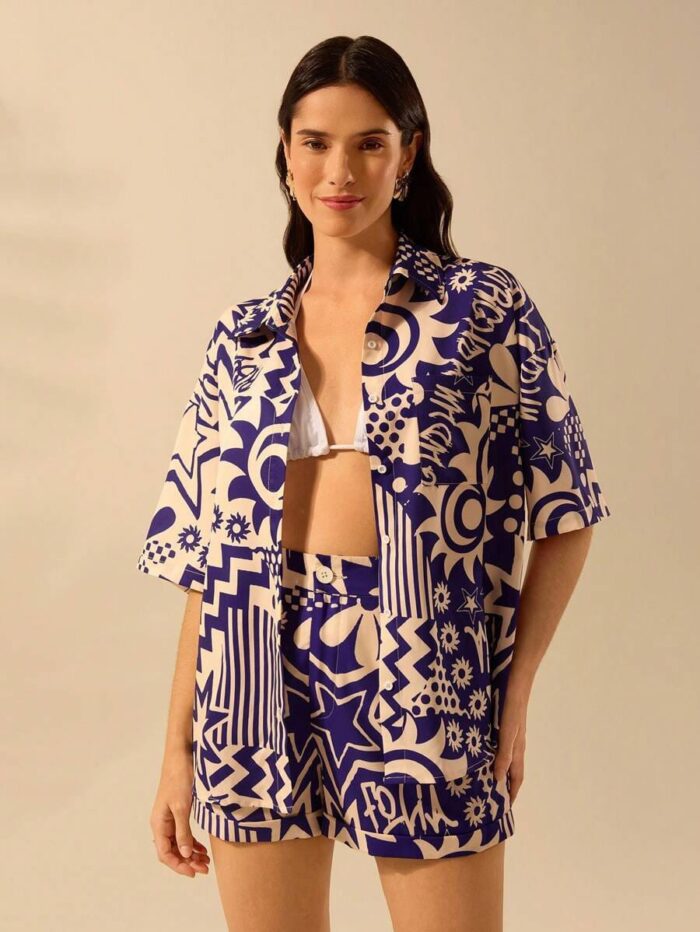 Royal Blue Abstract Print Shirt & Shorts Co-Ord Set for Women