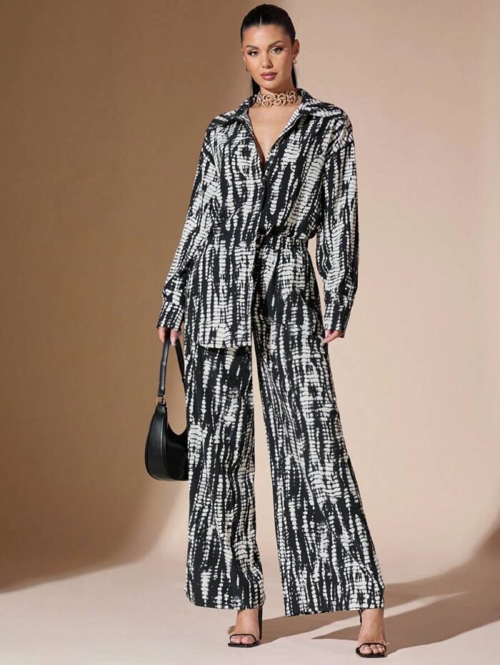 Black & Ivory Tie-Dye Print Shirt & Palazzo Co-Ord Set for Women