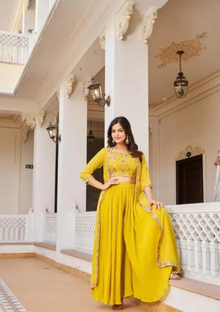 Mustard Yellow Georgette Lehenga Set with Jacket