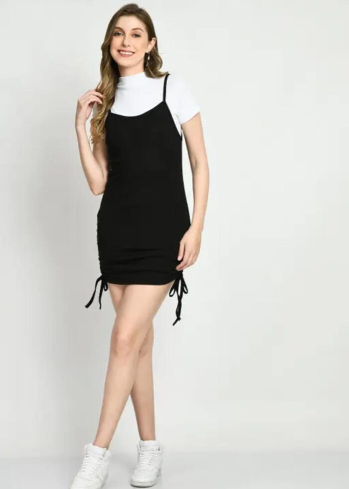 Black Solid Lycra Bodycon Dress with White Inner Tee