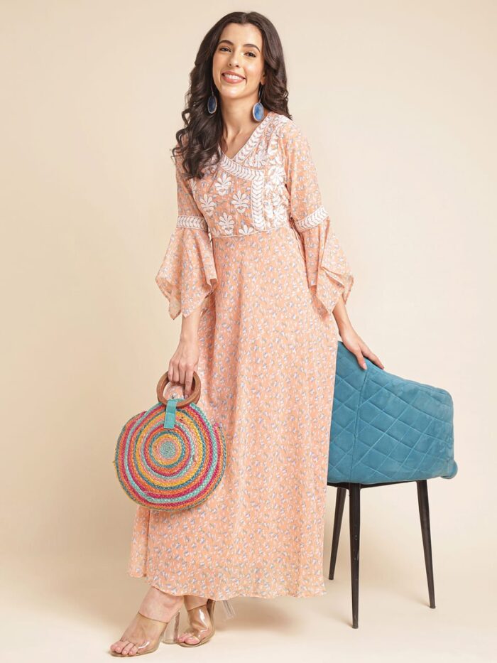 Women’s Peach Embroidered Georgette Gown