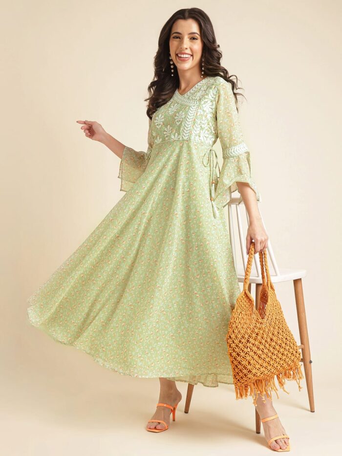 Women’s Mint Green Embroidered Georgette Gown