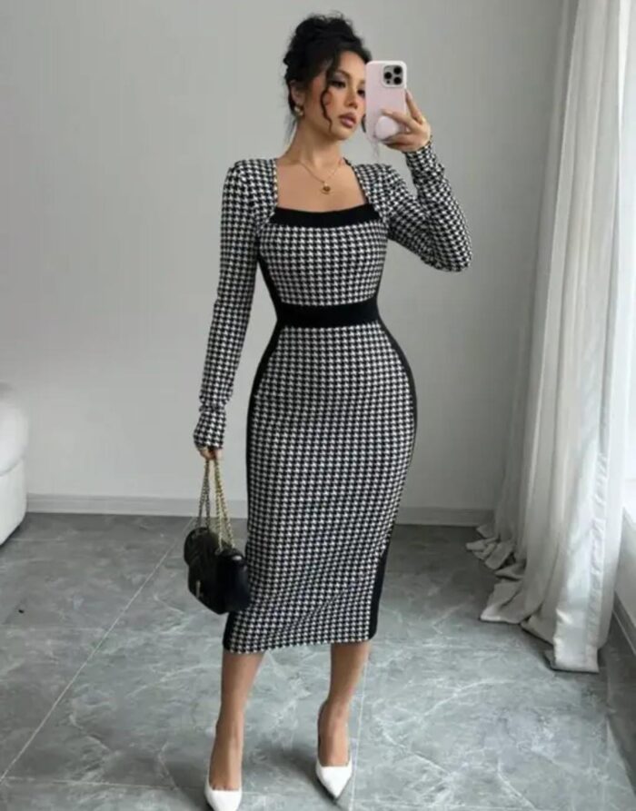 Women’s Black & White Houndstooth Bodycon Midi Dress