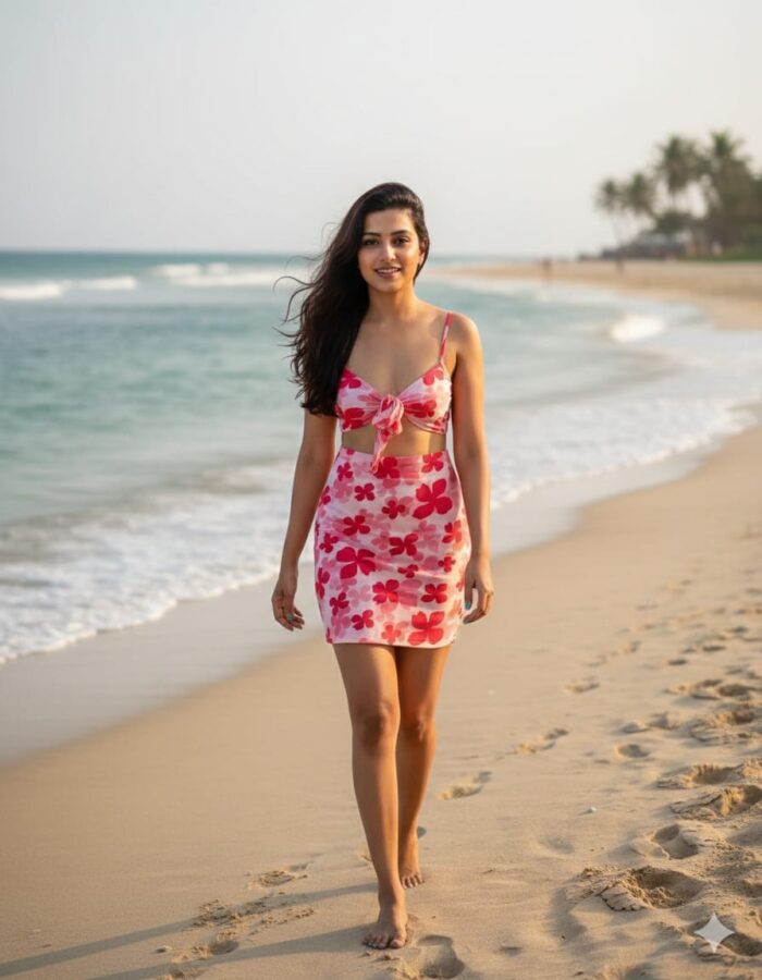 Floral Pink Lycra Beach Wear Co-Ord Set for Women