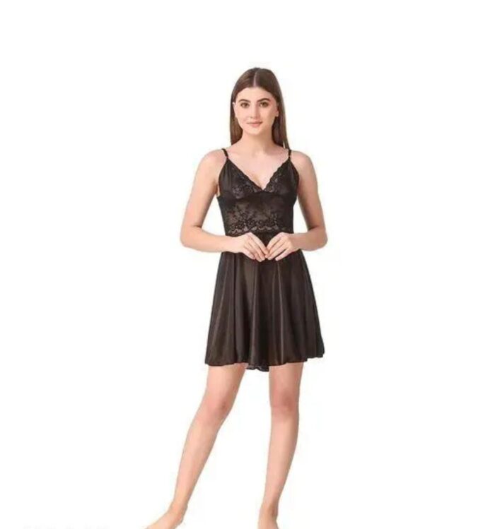 Elegant Black Chiffon Lace Intimate Wear Babydoll Dress for Women