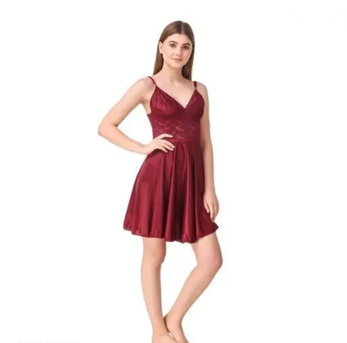 Elegant Wine Satin Lace Intimate Wear Babydoll Dress for Women
