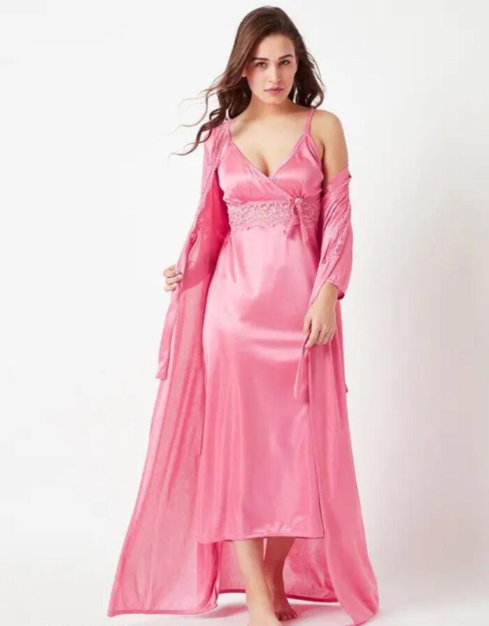 Elegant Pink Satin Nightgown with Sheer Robe – 2 Piece Intimate Wear Set