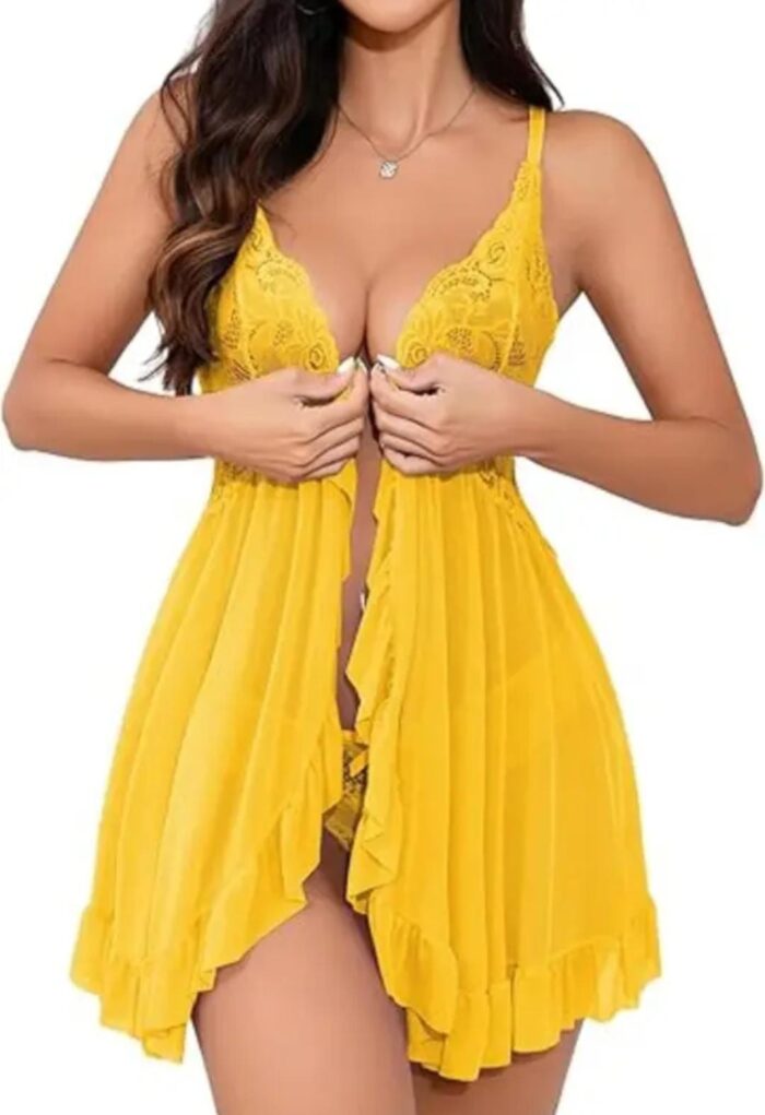 Elegant Yellow Lace Net Babydoll Lingerie Set