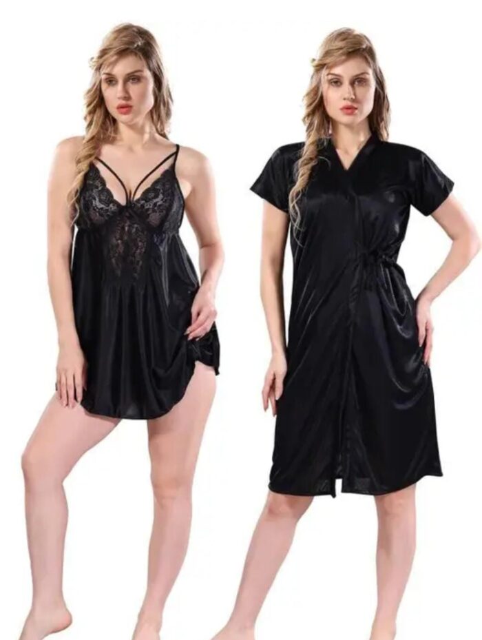 Elegant Black Satin Babydoll with Matching Robe Set