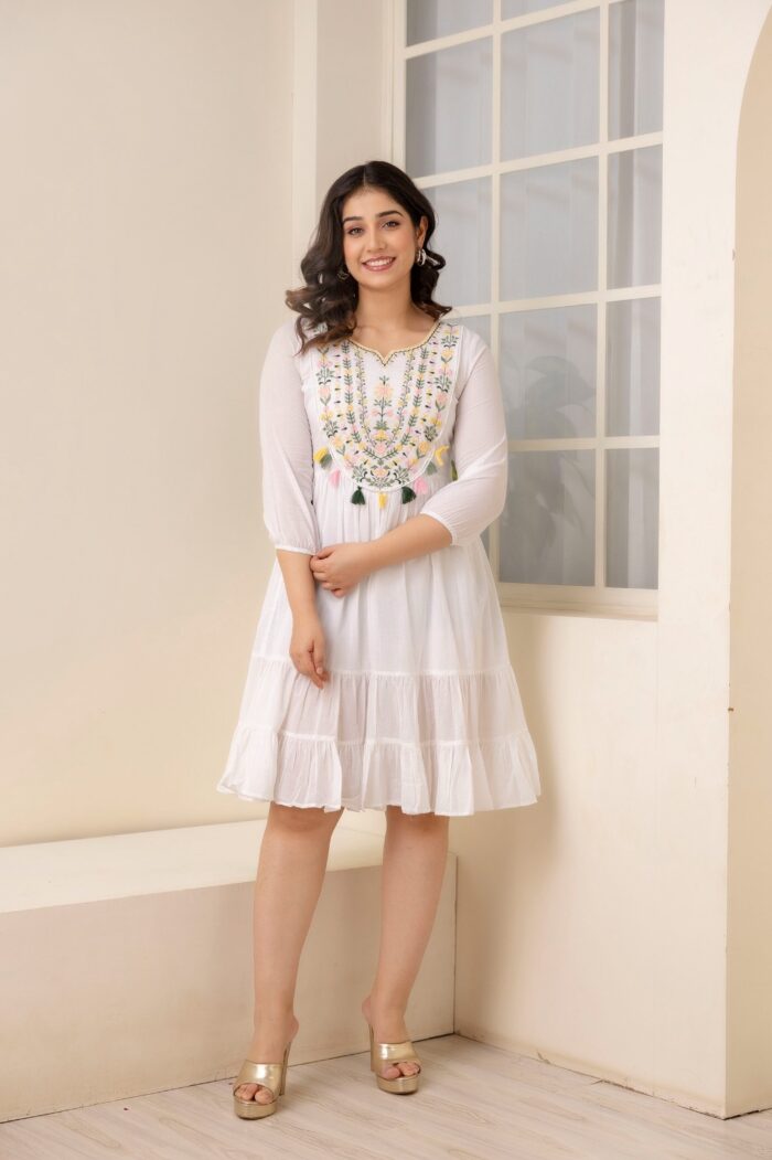 Elegant White Embroidered Flared Dress for Women