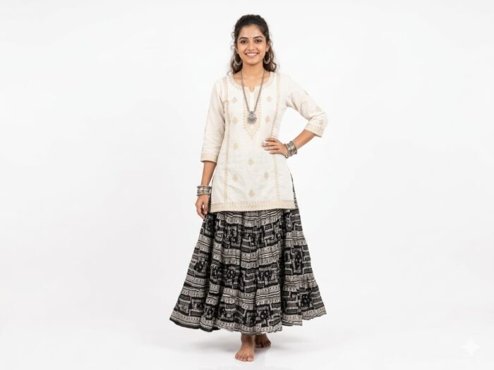 Boho Printed Cotton Flared Skirt