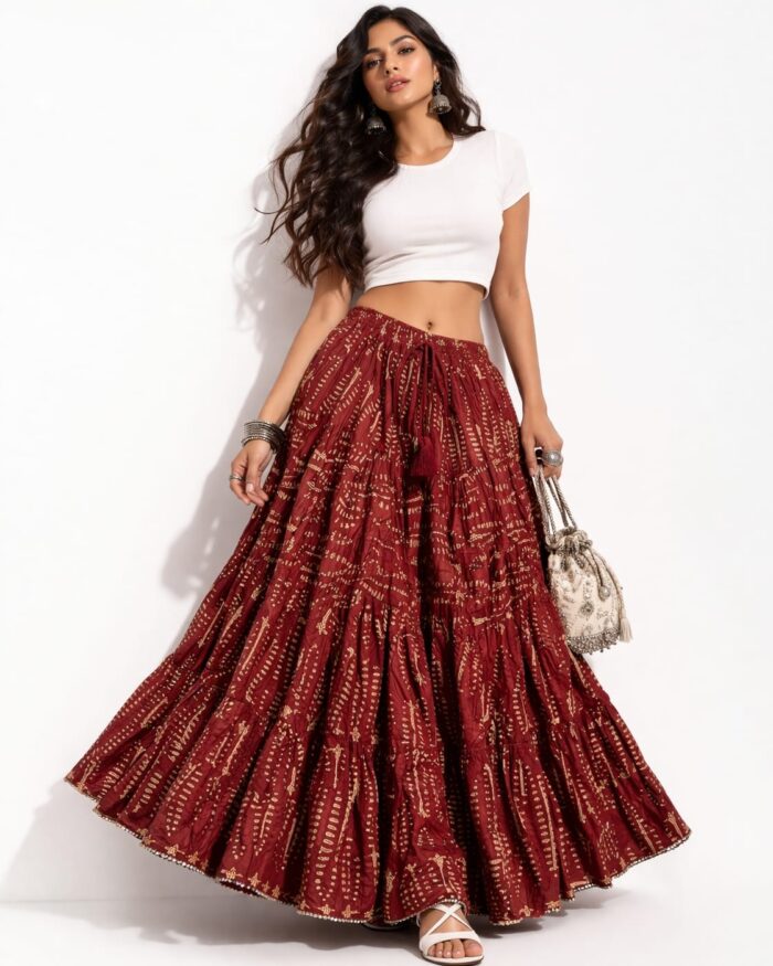 Elegant Printed Cotton Long Skirt for Women with Tassel Tie-Up