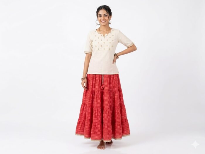 Stylish Red Cotton Flared Skirt