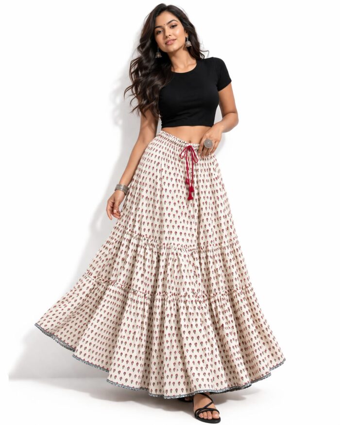 Elegant Printed Cotton Long Skirt for Women with Tassel