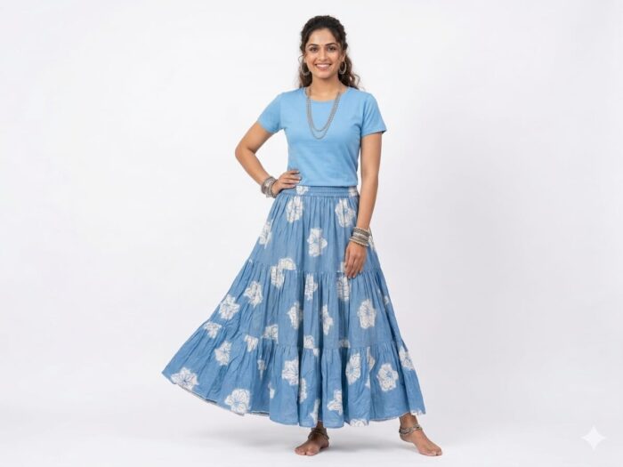 Women’s Elegant Blue Printed Long Cotton Skirt