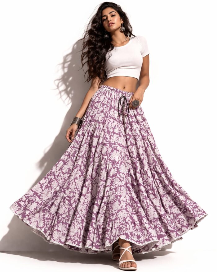 Elegant Floral Print Cotton Long Skirt for Women